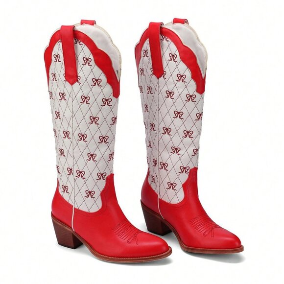 Red Chic Women's Knee High Cowboy Boots with Chunky Heel - Picture 5 of 5